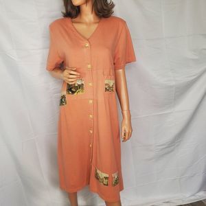 Vintage Y2K GrannyCore Cottage Button Maxi Dress Peach Travel Women's Size L